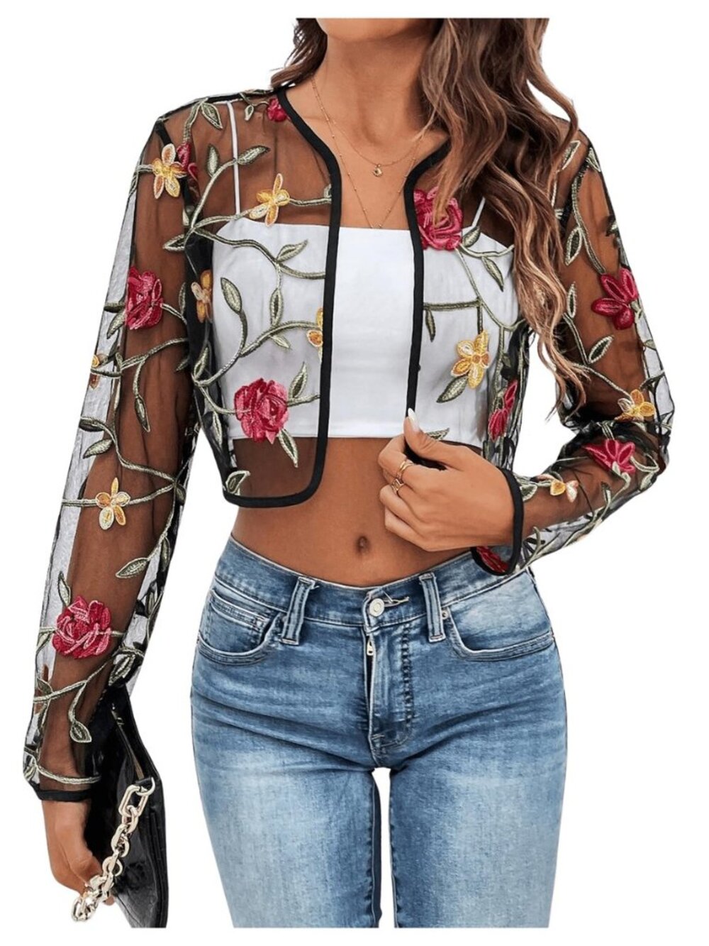 Women's Floral Embroidered Sheer Bolero Open Front Crop Jackets - Picture 7 of 8